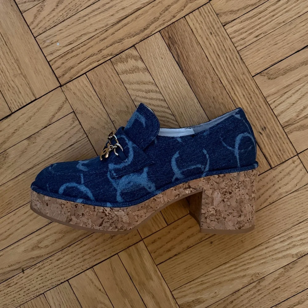 Chanel Denim Platform Loafers/clogs with Chain Accent - Blue